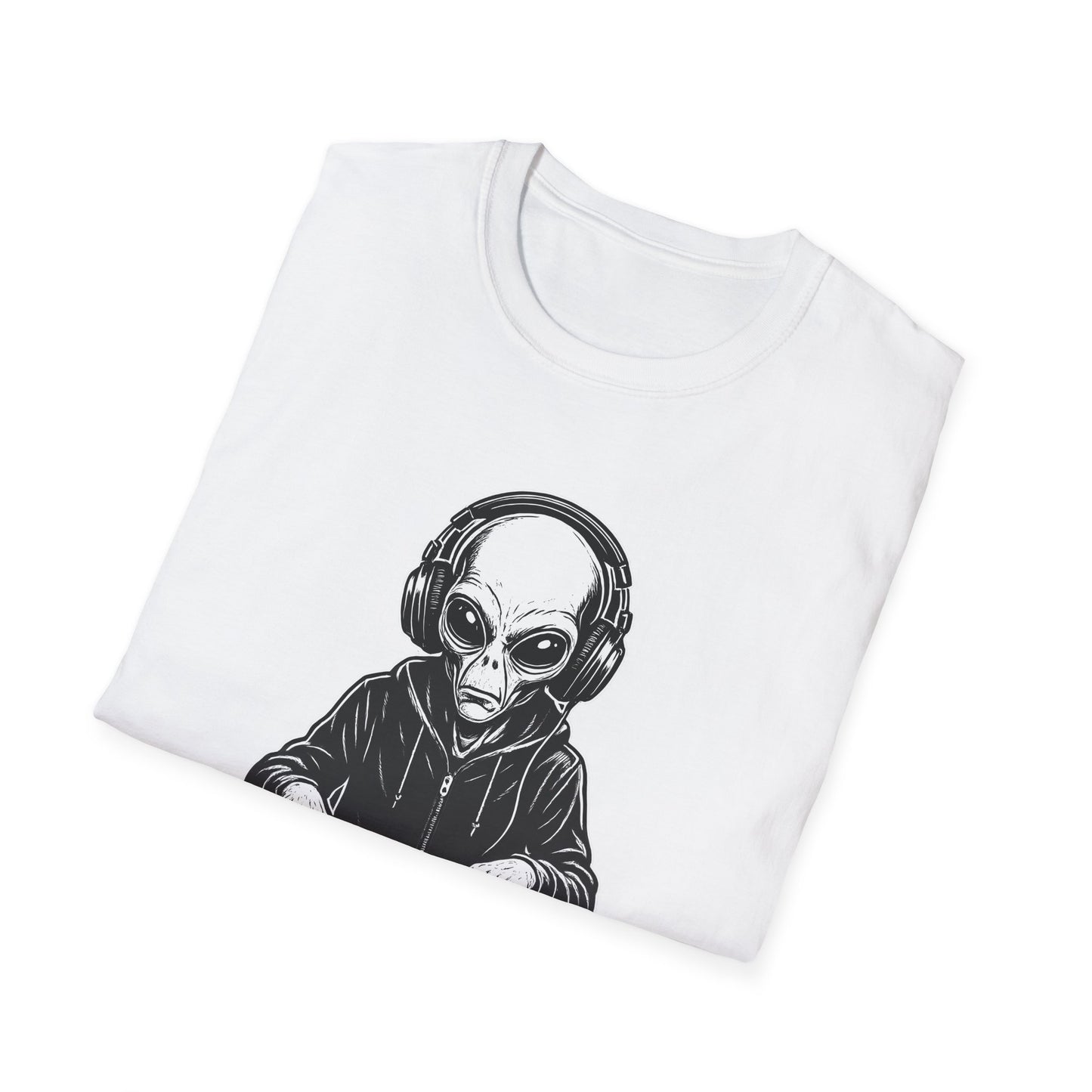 DJ Alien Graphic T-Shirt | Unisex Softstyle Tee for Music Lovers, Gifts for DJs, Cool Casual Wear, Festival Apparel, Unique Alien Design