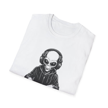 DJ Alien Graphic T-Shirt | Unisex Softstyle Tee for Music Lovers, Gifts for DJs, Cool Casual Wear, Festival Apparel, Unique Alien Design