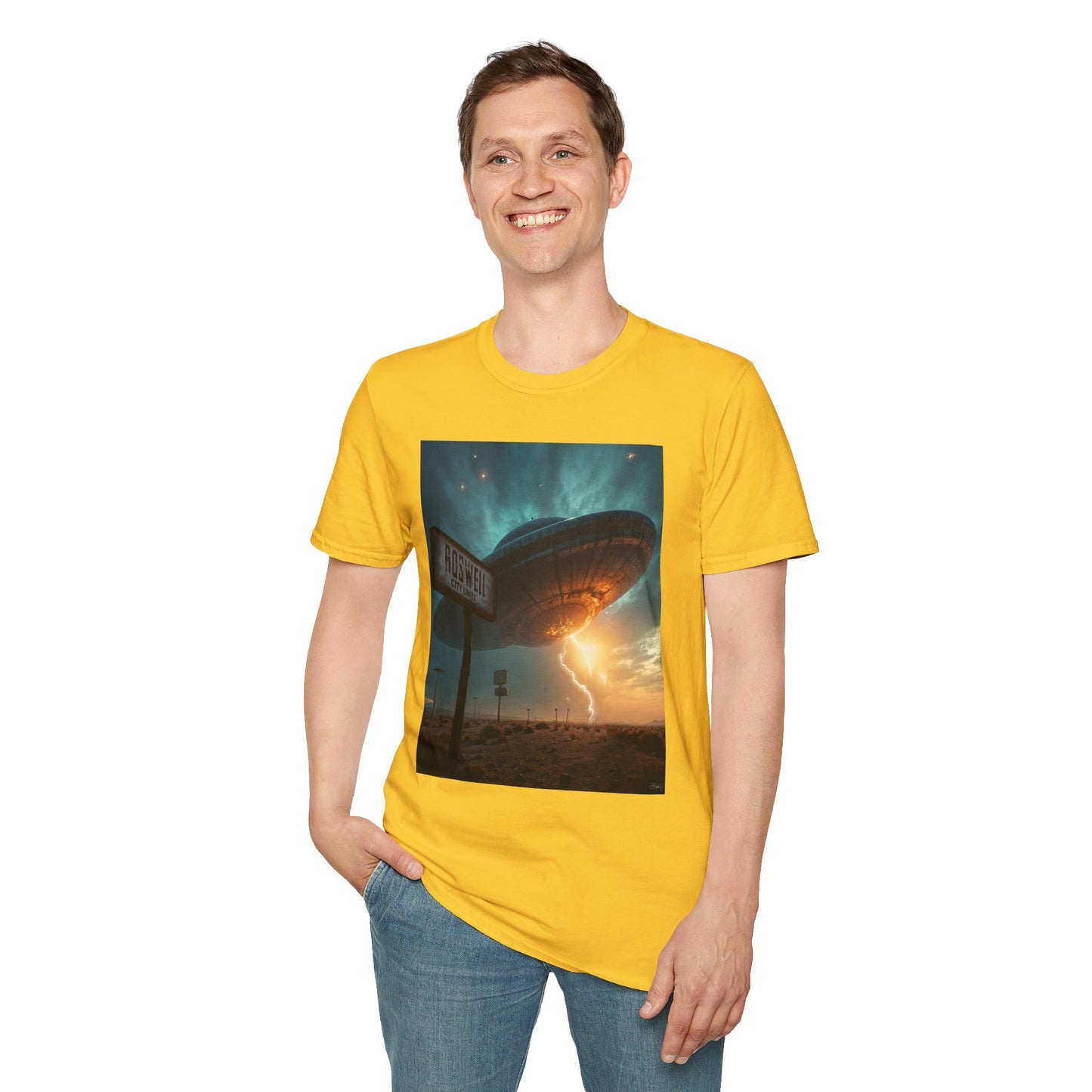 Roswell City Limits, Alien Sunset Softstyle T-Shirt | Unisex Graphic Tee, UFO Theme Shirt, Casual, Gift for Sci-Fi Lovers, Summer Fashion