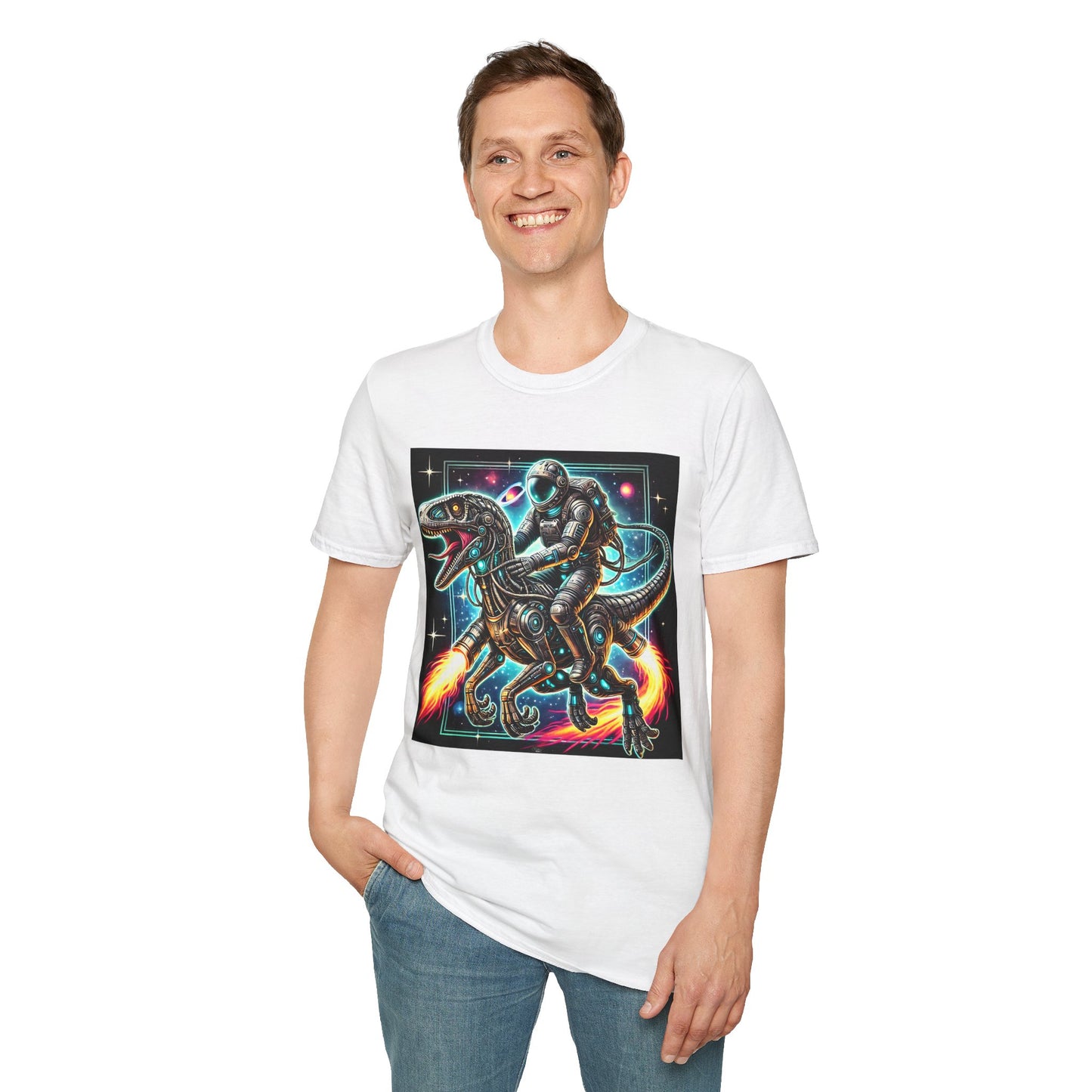 Cosmic Dinosaur Rider Softstyle T-Shirt | Fun Graphic Tee, Unique Gift, Space Lover Shirt, Sci-Fi Enthusiast Apparel