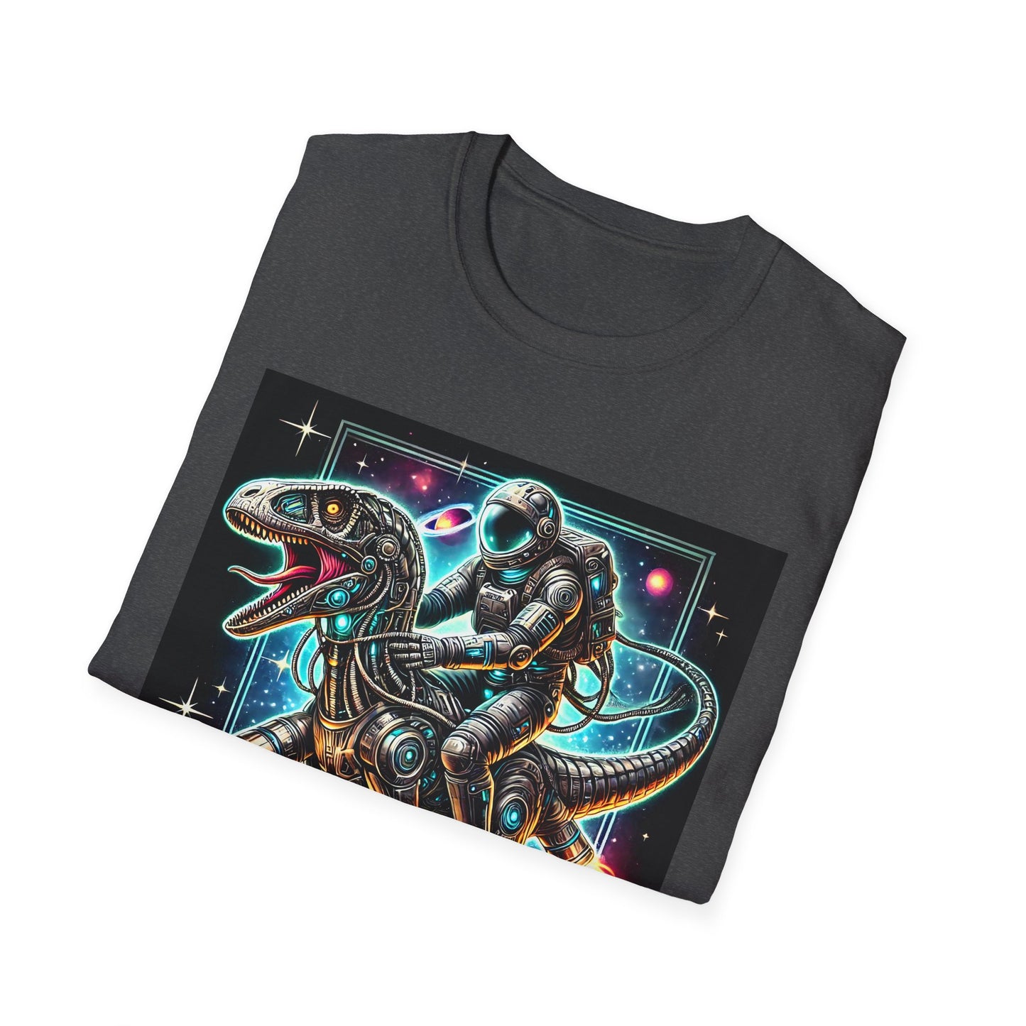 Cosmic Dinosaur Rider Softstyle T-Shirt | Fun Graphic Tee, Unique Gift, Space Lover Shirt, Sci-Fi Enthusiast Apparel