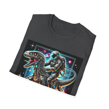 Cosmic Dinosaur Rider Softstyle T-Shirt | Fun Graphic Tee, Unique Gift, Space Lover Shirt, Sci-Fi Enthusiast Apparel