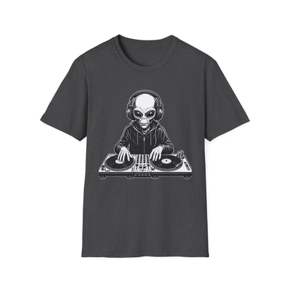 DJ Alien Graphic T-Shirt | Unisex Softstyle Tee for Music Lovers, Gifts for DJs, Cool Casual Wear, Festival Apparel, Unique Alien Design