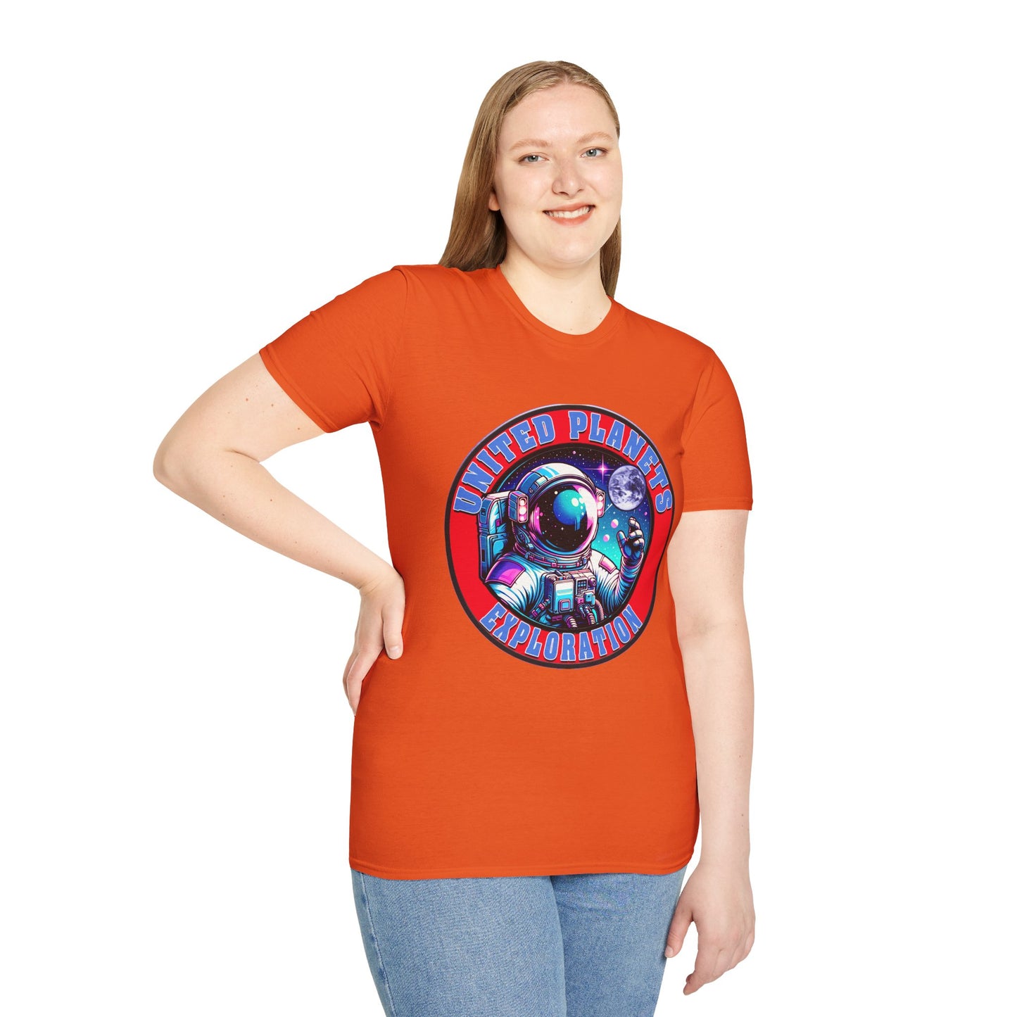 United Planets Exploration Astronaut T-Shirt, Science Themed Tee, Outer Space Shirt for Gift, Birthday, Unisex Softstyle Apparel