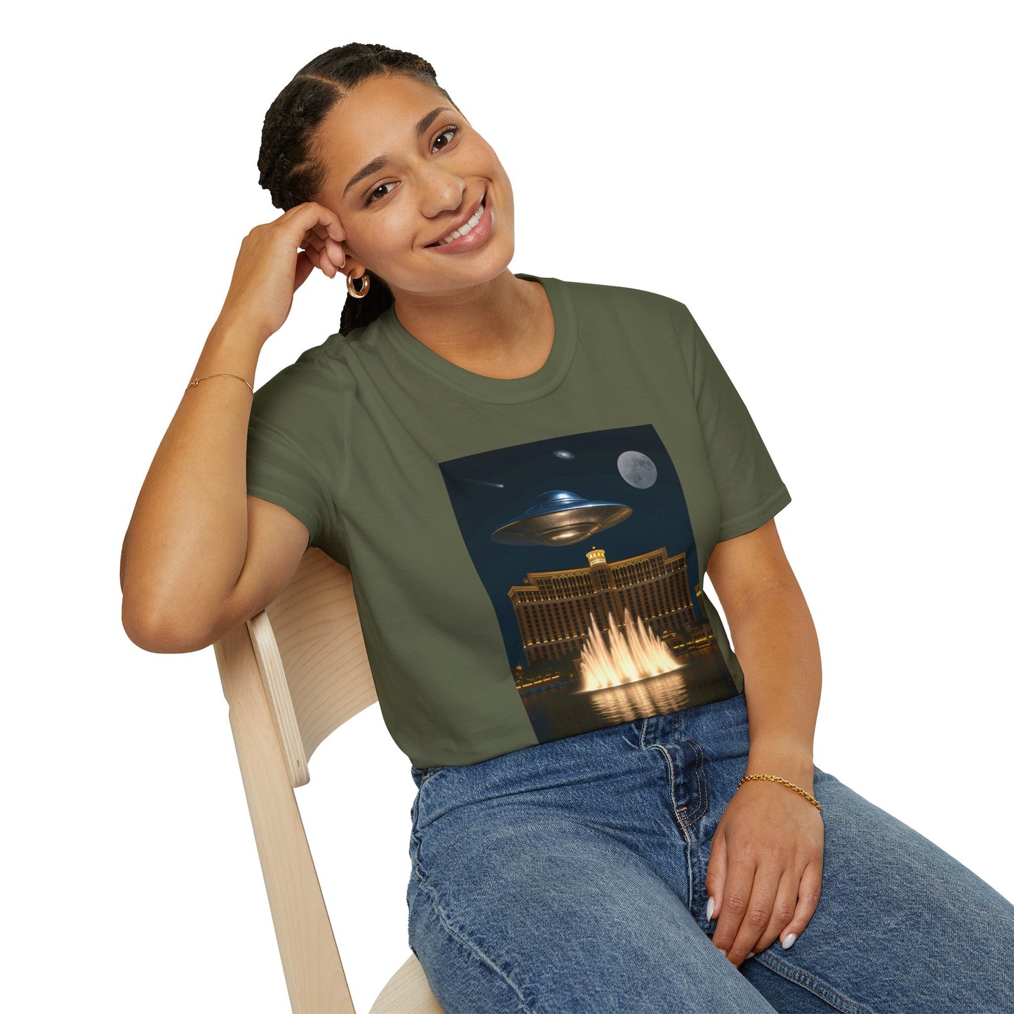 UFO over Las Vegas, Cosmic Vibes Unisex T-Shirt - UFO & Moon Design, Relaxed Fit Tee for Space Lovers, Gift for Sci-Fi Fans, Casual Wear, Everyday Essentials, t-shirt, tshirt, png
