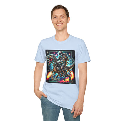 Cosmic Dinosaur Rider Softstyle T-Shirt | Fun Graphic Tee, Unique Gift, Space Lover Shirt, Sci-Fi Enthusiast Apparel
