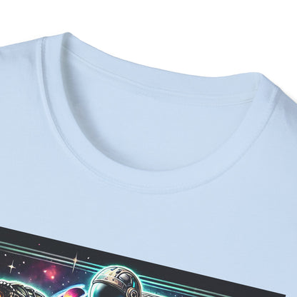 Cosmic Dinosaur Rider Softstyle T-Shirt | Fun Graphic Tee, Unique Gift, Space Lover Shirt, Sci-Fi Enthusiast Apparel