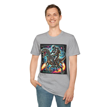 Cosmic Dinosaur Rider Softstyle T-Shirt | Fun Graphic Tee, Unique Gift, Space Lover Shirt, Sci-Fi Enthusiast Apparel