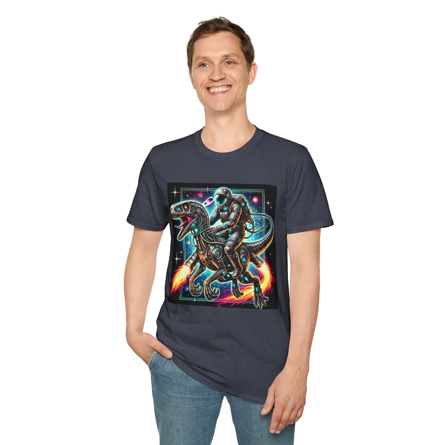 Cosmic Dinosaur Rider Softstyle T-Shirt | Fun Graphic Tee, Unique Gift, Space Lover Shirt, Sci-Fi Enthusiast Apparel
