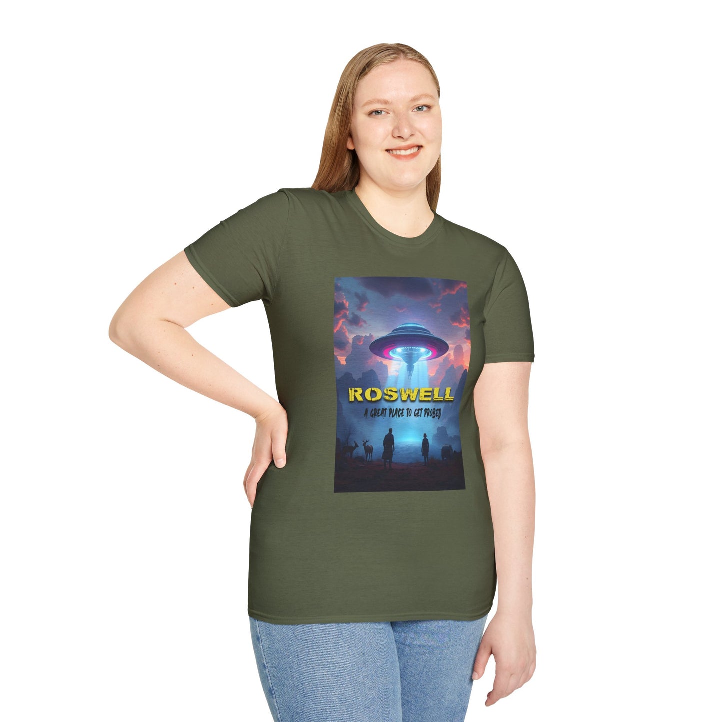 Roswell Probed Retro T-Shirt - Alien UFO Lover Gift, Sci-Fi Apparel, Extraterrestrial Tee, Unisex Softstyle Clothing, graphic design, png