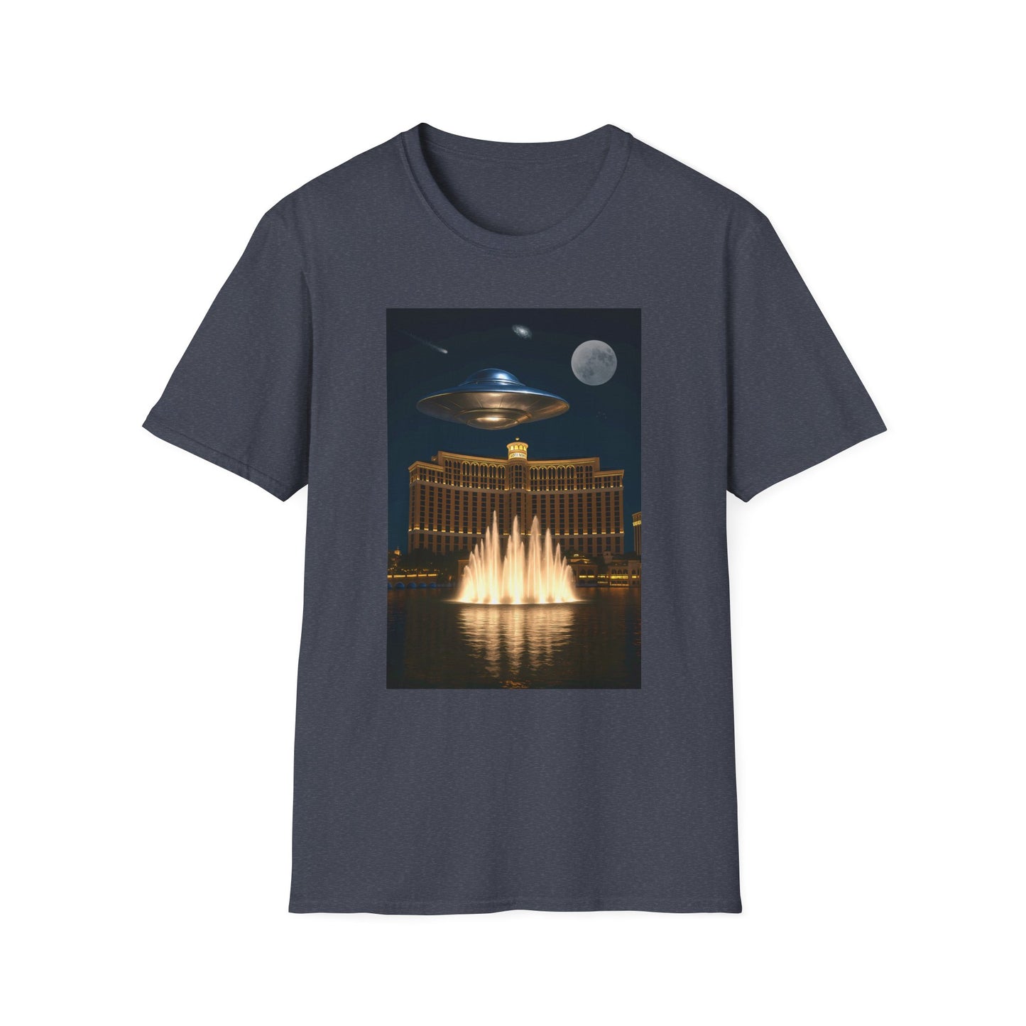 UFO over Las Vegas, Cosmic Vibes Unisex T-Shirt - UFO & Moon Design, Relaxed Fit Tee for Space Lovers, Gift for Sci-Fi Fans, Casual Wear, Everyday Essentials, t-shirt, tshirt, png