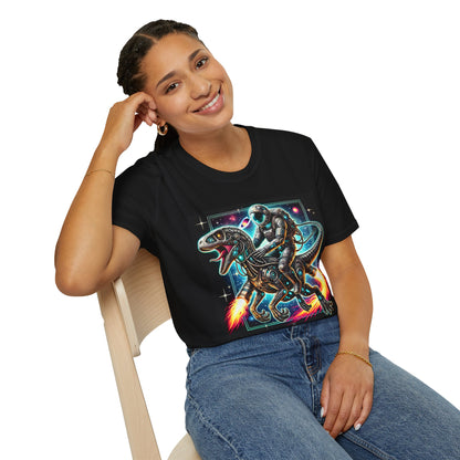 Cosmic Dinosaur Rider Softstyle T-Shirt | Fun Graphic Tee, Unique Gift, Space Lover Shirt, Sci-Fi Enthusiast Apparel