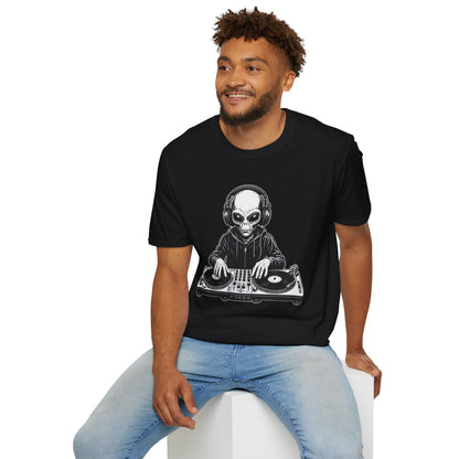 DJ Alien Graphic T-Shirt | Unisex Softstyle Tee for Music Lovers, Gifts for DJs, Cool Casual Wear, Festival Apparel, Unique Alien Design