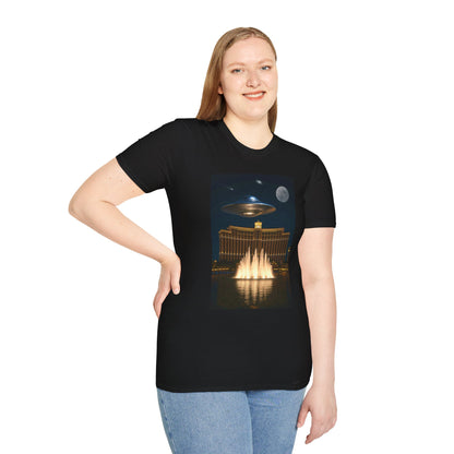 UFO over Las Vegas, Cosmic Vibes Unisex T-Shirt - UFO & Moon Design, Relaxed Fit Tee for Space Lovers, Gift for Sci-Fi Fans, Casual Wear, Everyday Essentials, t-shirt, tshirt, png
