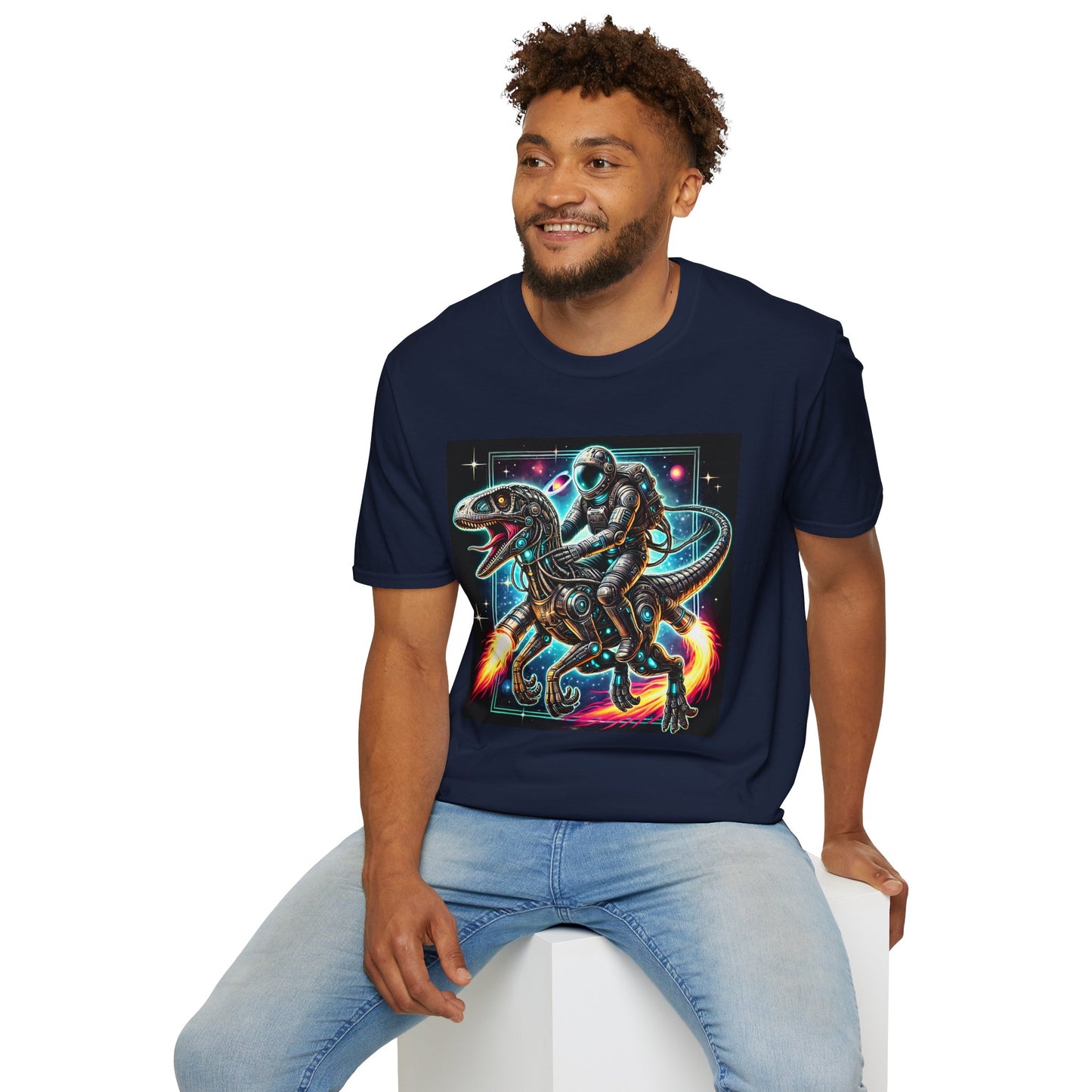 Cosmic Dinosaur Rider Softstyle T-Shirt | Fun Graphic Tee, Unique Gift, Space Lover Shirt, Sci-Fi Enthusiast Apparel