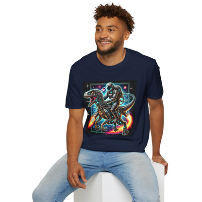 Cosmic Dinosaur Rider Softstyle T-Shirt | Fun Graphic Tee, Unique Gift, Space Lover Shirt, Sci-Fi Enthusiast Apparel