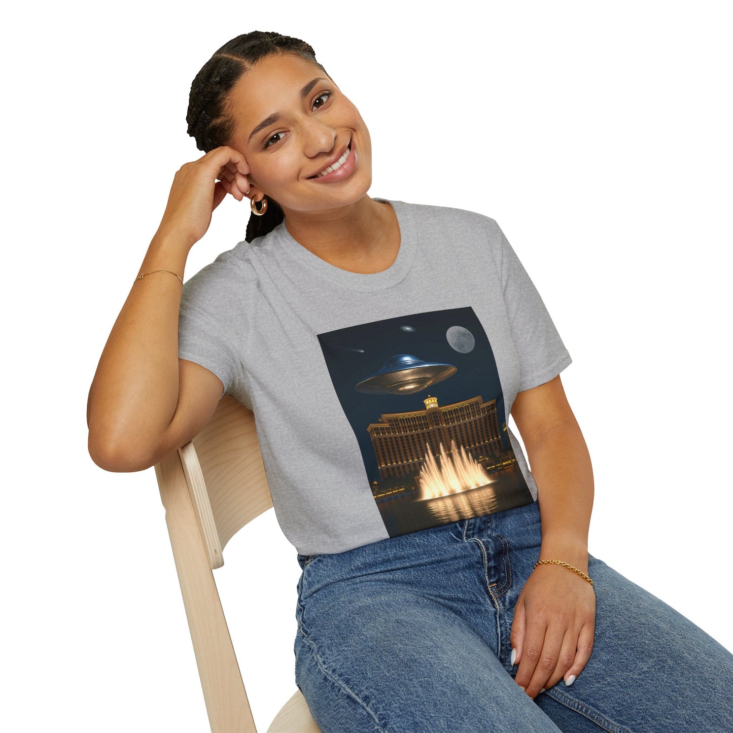 UFO over Las Vegas, Cosmic Vibes Unisex T-Shirt - UFO & Moon Design, Relaxed Fit Tee for Space Lovers, Gift for Sci-Fi Fans, Casual Wear, Everyday Essentials, t-shirt, tshirt, png