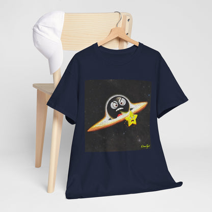 BlackHole Chasing Star, Space-Themed Unisex Heavy Cotton Tee with Cartoon Penguin Design, graphic design, png