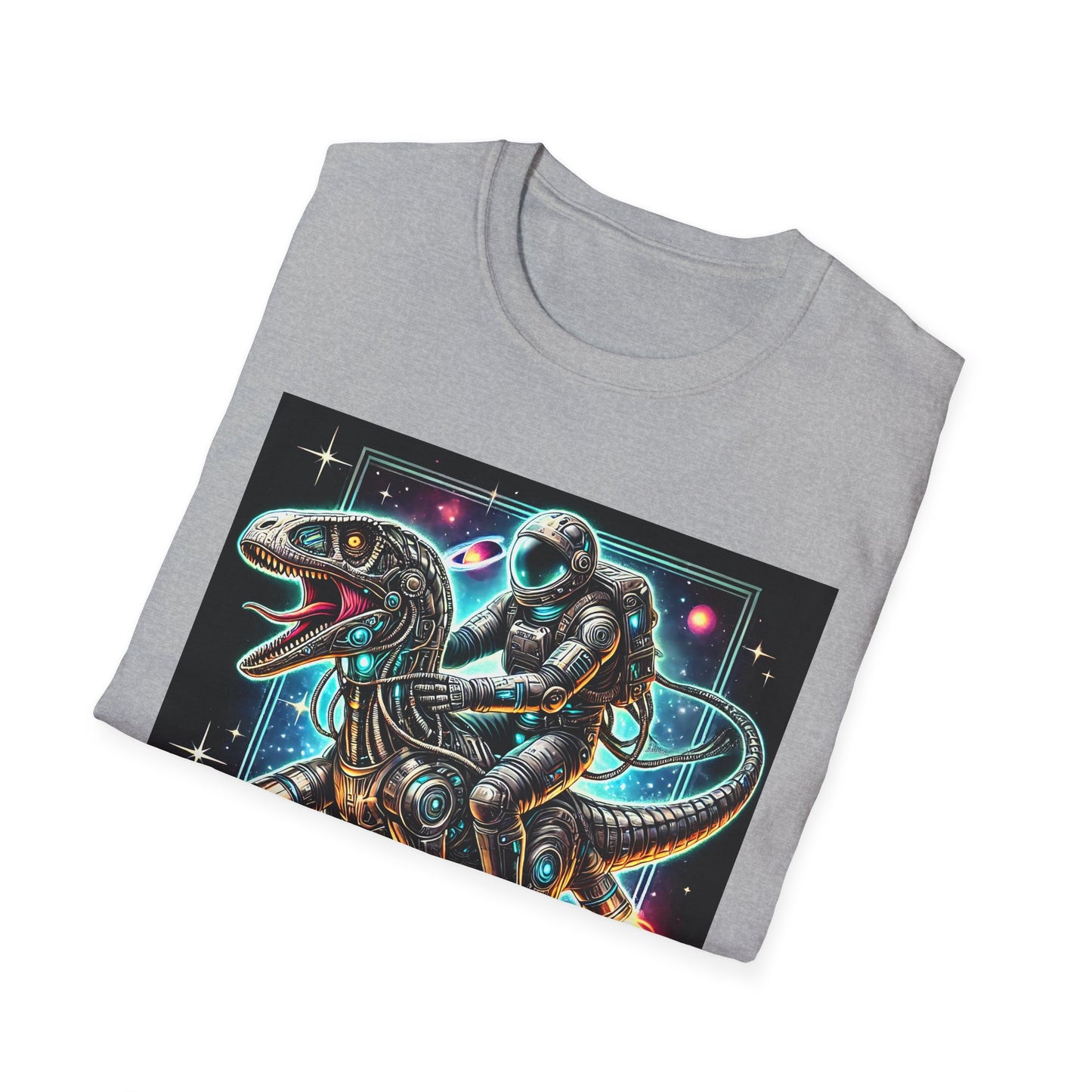 Cosmic Dinosaur Rider Softstyle T-Shirt | Fun Graphic Tee, Unique Gift, Space Lover Shirt, Sci-Fi Enthusiast Apparel
