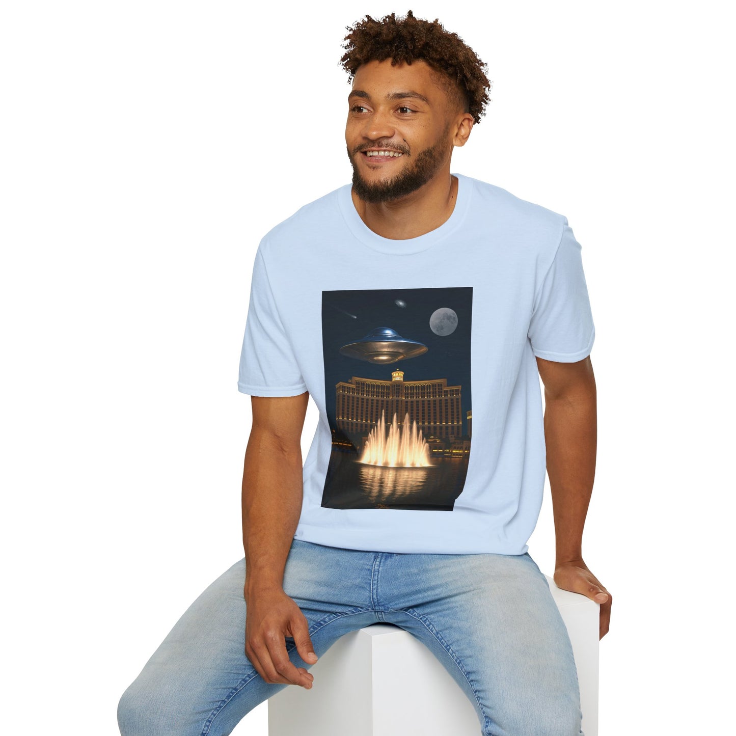UFO over Las Vegas, Cosmic Vibes Unisex T-Shirt - UFO & Moon Design, Relaxed Fit Tee for Space Lovers, Gift for Sci-Fi Fans, Casual Wear, Everyday Essentials, t-shirt, tshirt, png