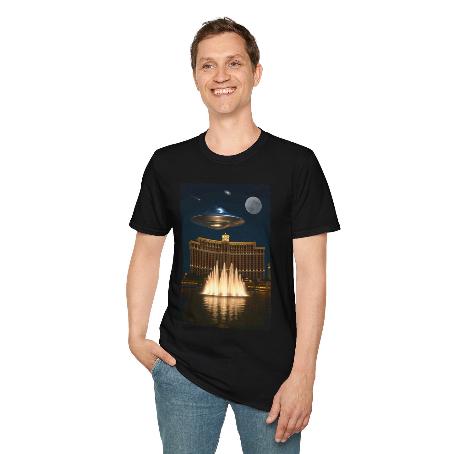 UFO over Las Vegas, Cosmic Vibes Unisex T-Shirt - UFO & Moon Design, Relaxed Fit Tee for Space Lovers, Gift for Sci-Fi Fans, Casual Wear, Everyday Essentials, t-shirt, tshirt, png