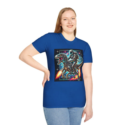 Cosmic Dinosaur Rider Softstyle T-Shirt | Fun Graphic Tee, Unique Gift, Space Lover Shirt, Sci-Fi Enthusiast Apparel