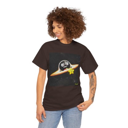 BlackHole Chasing Star, Space-Themed Unisex Heavy Cotton Tee with Cartoon Penguin Design, graphic design, png
