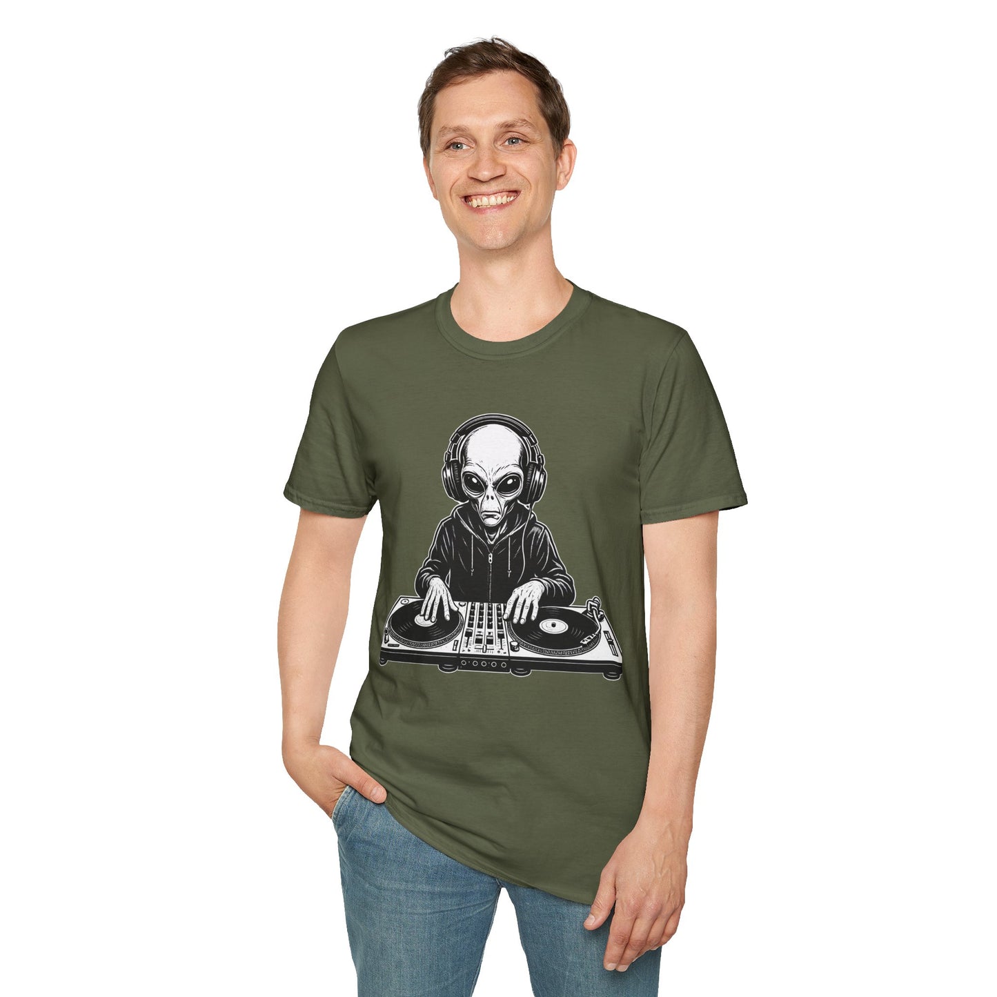 DJ Alien Graphic T-Shirt | Unisex Softstyle Tee for Music Lovers, Gifts for DJs, Cool Casual Wear, Festival Apparel, Unique Alien Design