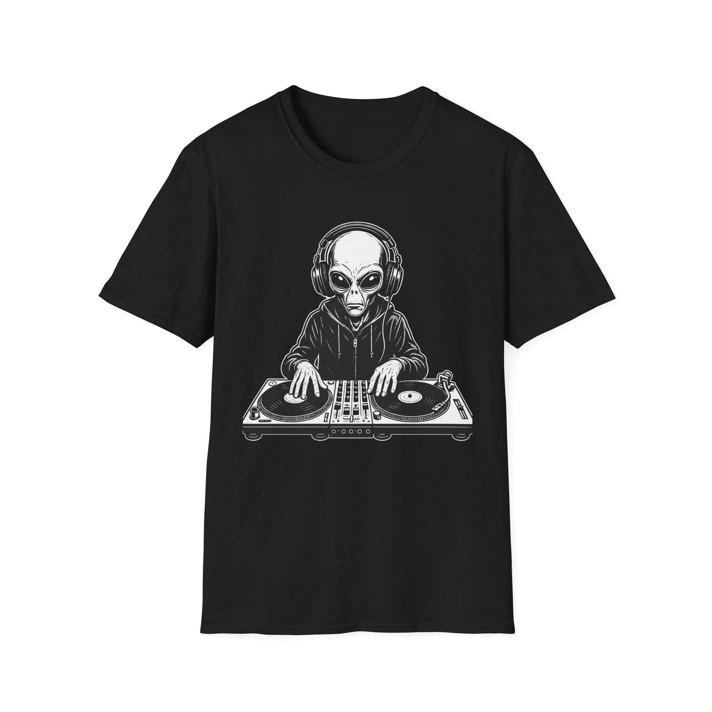 DJ Alien Graphic T-Shirt | Unisex Softstyle Tee for Music Lovers, Gifts for DJs, Cool Casual Wear, Festival Apparel, Unique Alien Design