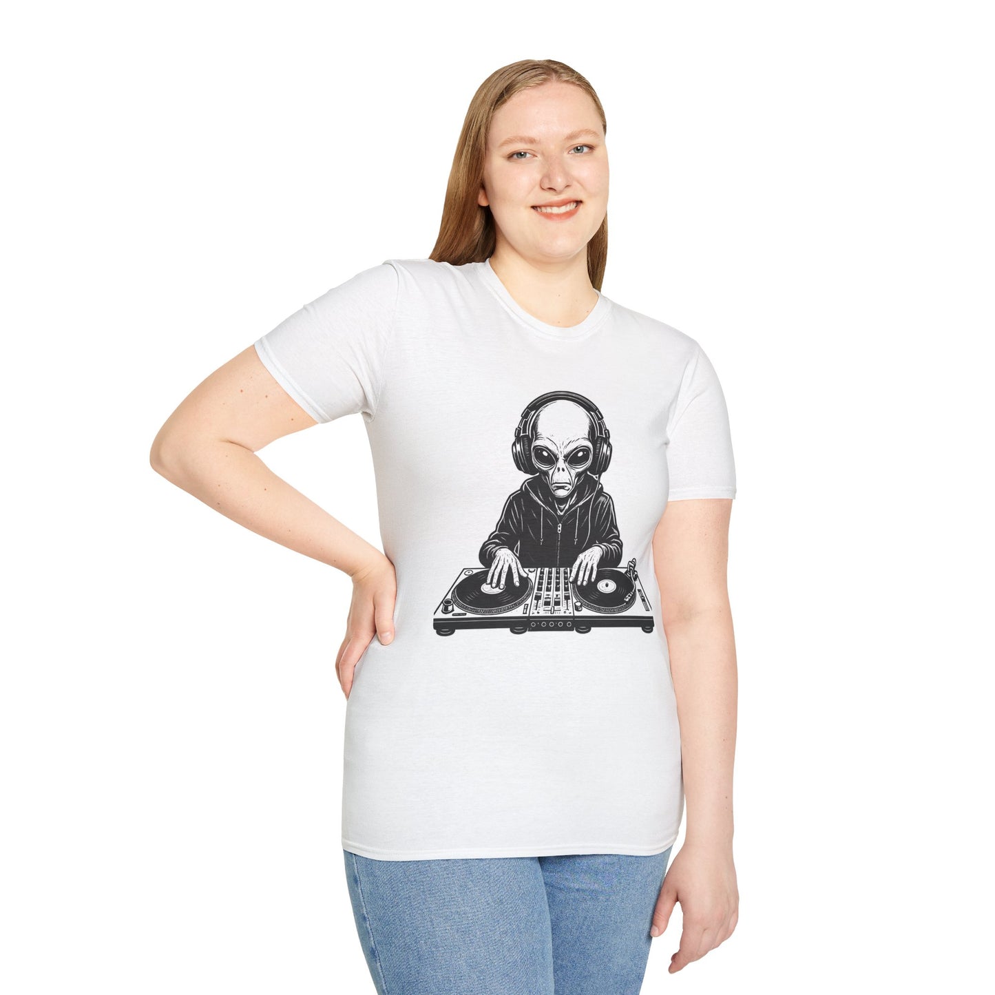 DJ Alien Graphic T-Shirt | Unisex Softstyle Tee for Music Lovers, Gifts for DJs, Cool Casual Wear, Festival Apparel, Unique Alien Design