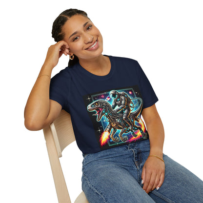 Cosmic Dinosaur Rider Softstyle T-Shirt | Fun Graphic Tee, Unique Gift, Space Lover Shirt, Sci-Fi Enthusiast Apparel