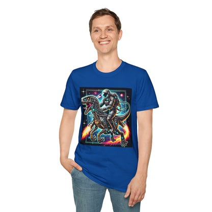 Cosmic Dinosaur Rider Softstyle T-Shirt | Fun Graphic Tee, Unique Gift, Space Lover Shirt, Sci-Fi Enthusiast Apparel