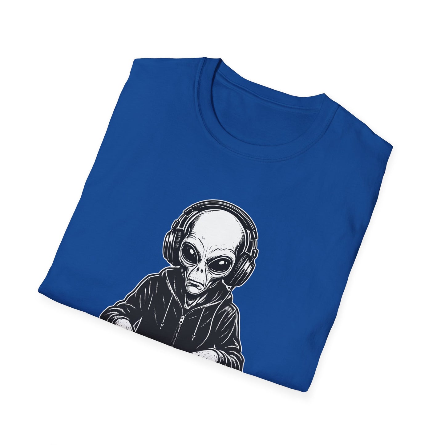 DJ Alien Graphic T-Shirt | Unisex Softstyle Tee for Music Lovers, Gifts for DJs, Cool Casual Wear, Festival Apparel, Unique Alien Design