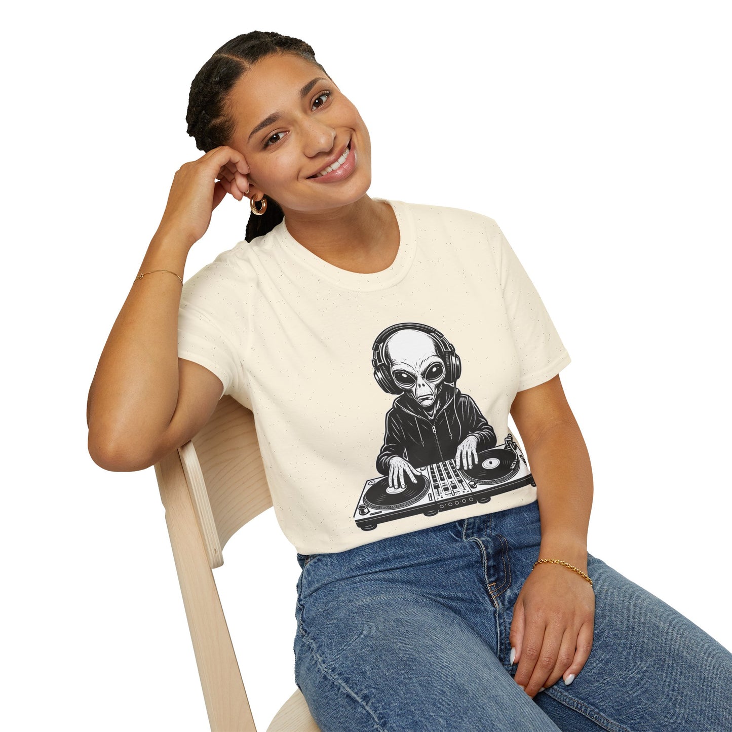 DJ Alien Graphic T-Shirt | Unisex Softstyle Tee for Music Lovers, Gifts for DJs, Cool Casual Wear, Festival Apparel, Unique Alien Design