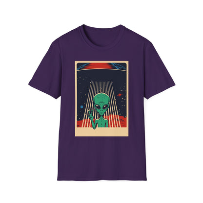 Cosmic Alien Peace Unisex Softstyle T-Shirt, Vintage UFO Tee, Space Lover Gift, Sci-Fi Fan Shirt, Trendy Graphic Tee, GraphicTees, t-shirts