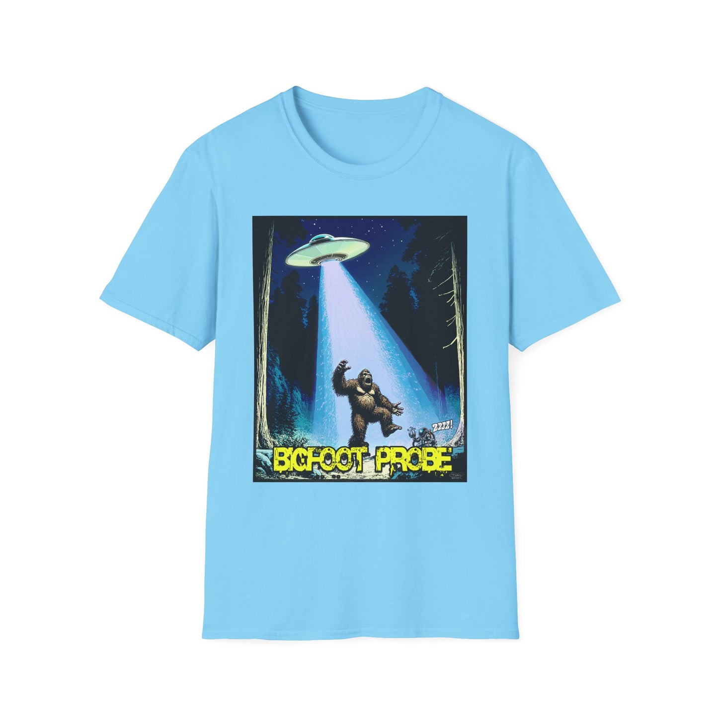 Bigfoot Probe Unisex Softstyle T-Shirt - Fun UFO Graphic Tee, Perfect Gift, Halloween, Nerd Culture, Outdoors, Alien, Graphic tees, t-shirts, Graphic design, t-shirts, tees