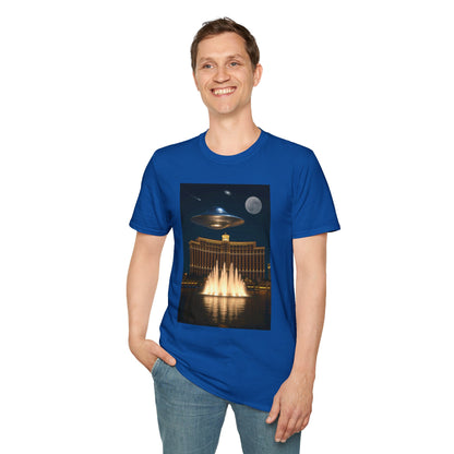 UFO over Las Vegas, Cosmic Vibes Unisex T-Shirt - UFO & Moon Design, Relaxed Fit Tee for Space Lovers, Gift for Sci-Fi Fans, Casual Wear, Everyday Essentials, t-shirt, tshirt, png