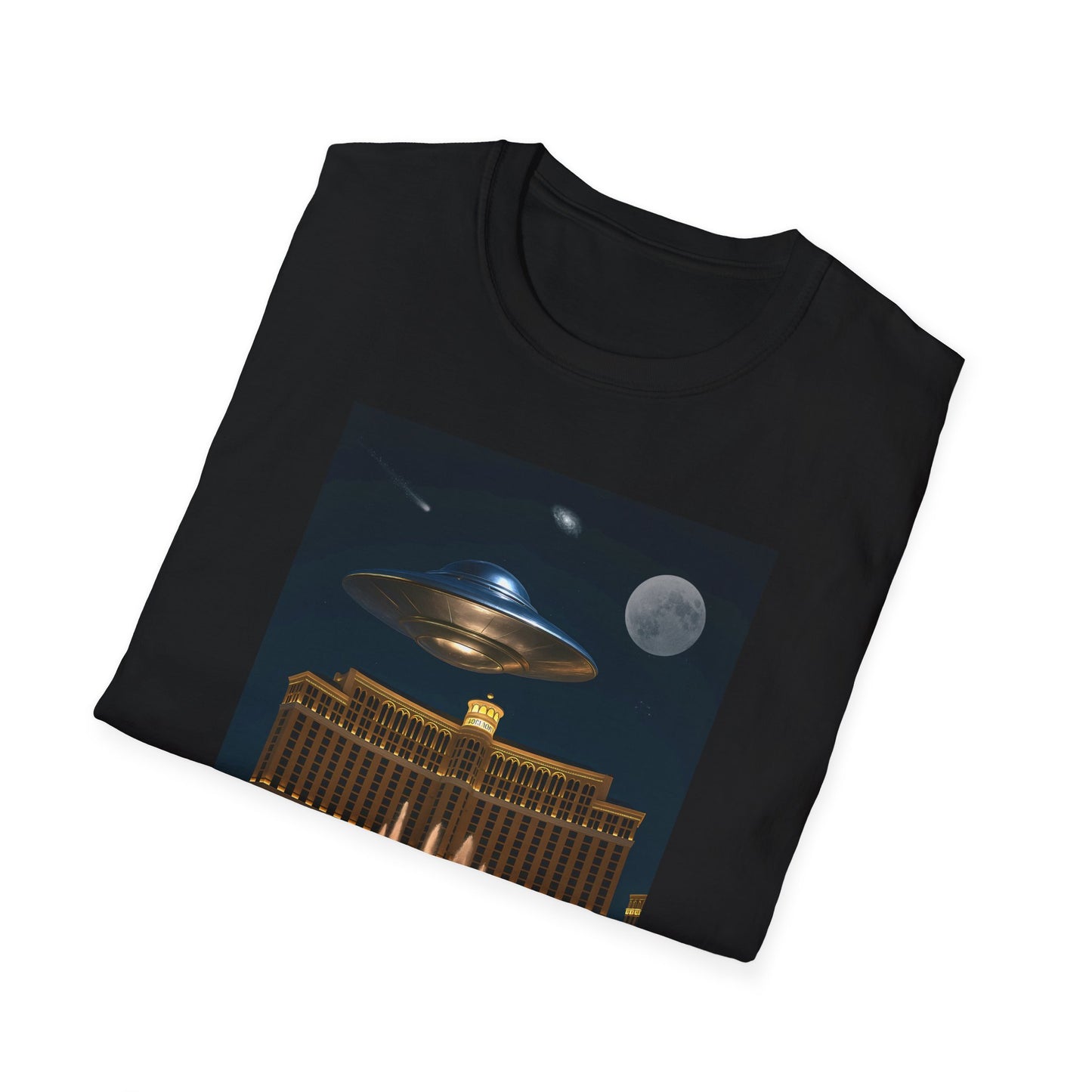 UFO over Las Vegas, Cosmic Vibes Unisex T-Shirt - UFO & Moon Design, Relaxed Fit Tee for Space Lovers, Gift for Sci-Fi Fans, Casual Wear, Everyday Essentials, t-shirt, tshirt, png