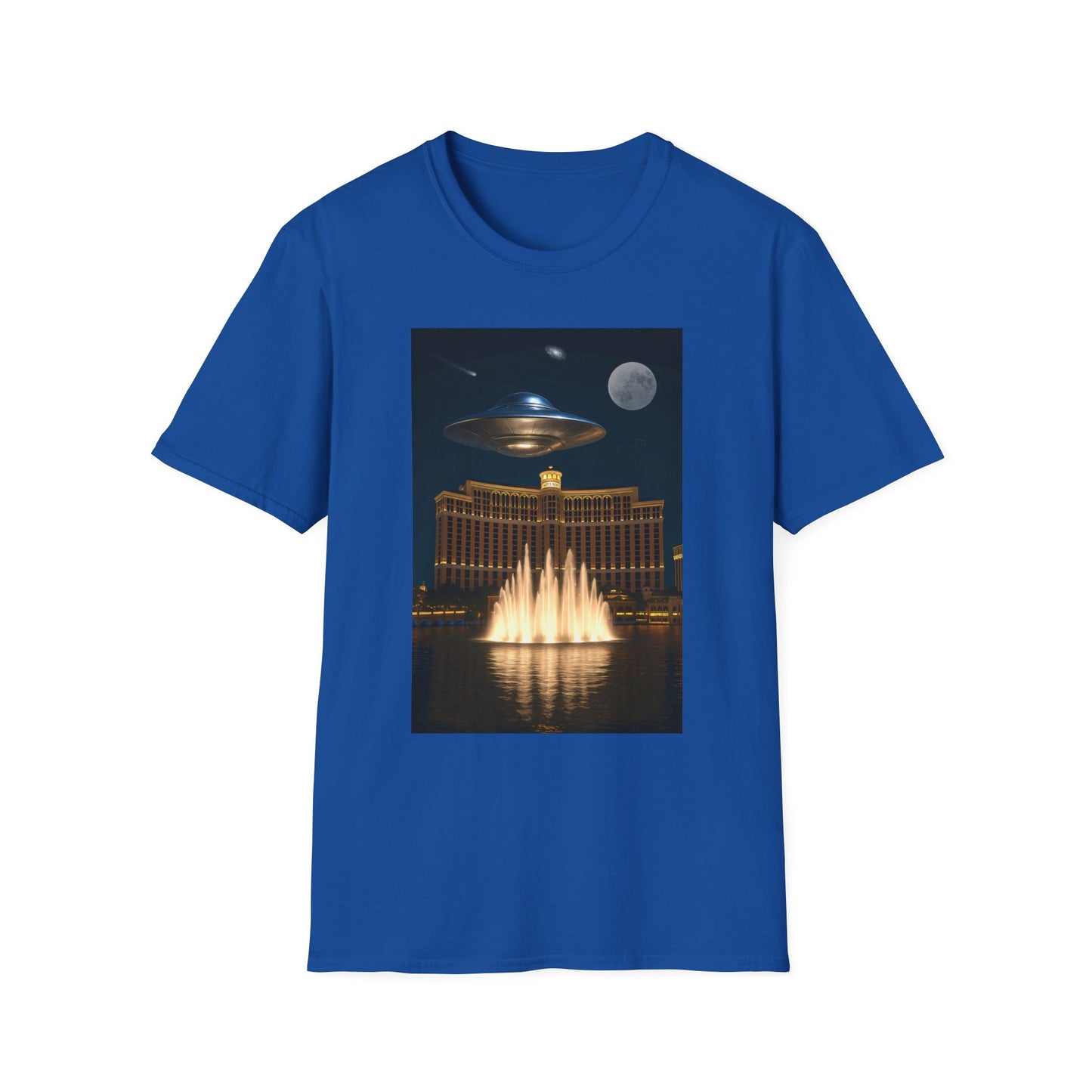 UFO over Las Vegas, Cosmic Vibes Unisex T-Shirt - UFO & Moon Design, Relaxed Fit Tee for Space Lovers, Gift for Sci-Fi Fans, Casual Wear, Everyday Essentials, t-shirt, tshirt, png