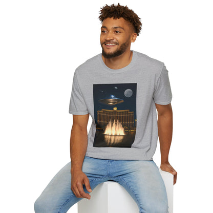 UFO over Las Vegas, Cosmic Vibes Unisex T-Shirt - UFO & Moon Design, Relaxed Fit Tee for Space Lovers, Gift for Sci-Fi Fans, Casual Wear, Everyday Essentials, t-shirt, tshirt, png