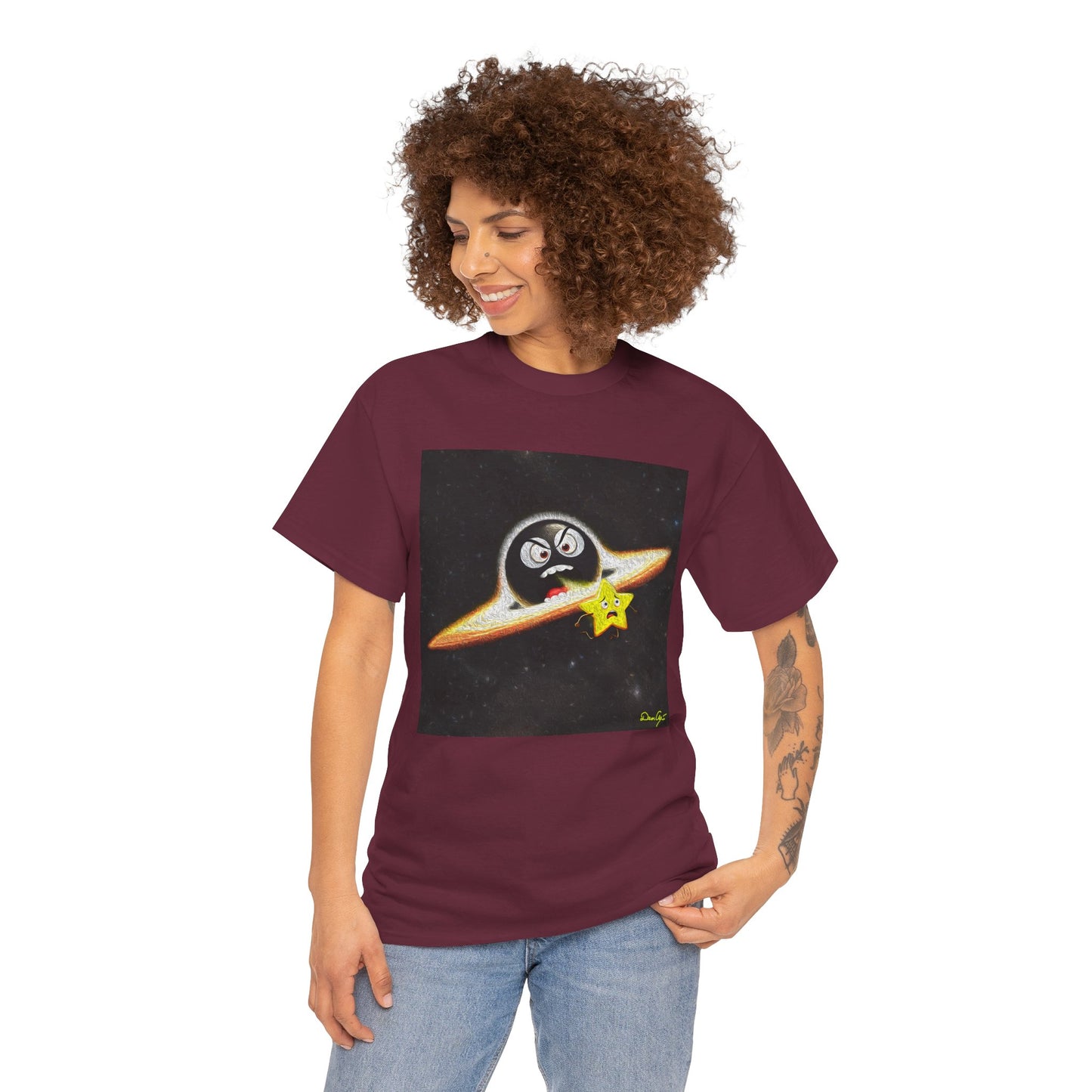 BlackHole Chasing Star, Space-Themed Unisex Heavy Cotton Tee with Cartoon Penguin Design, graphic design, png