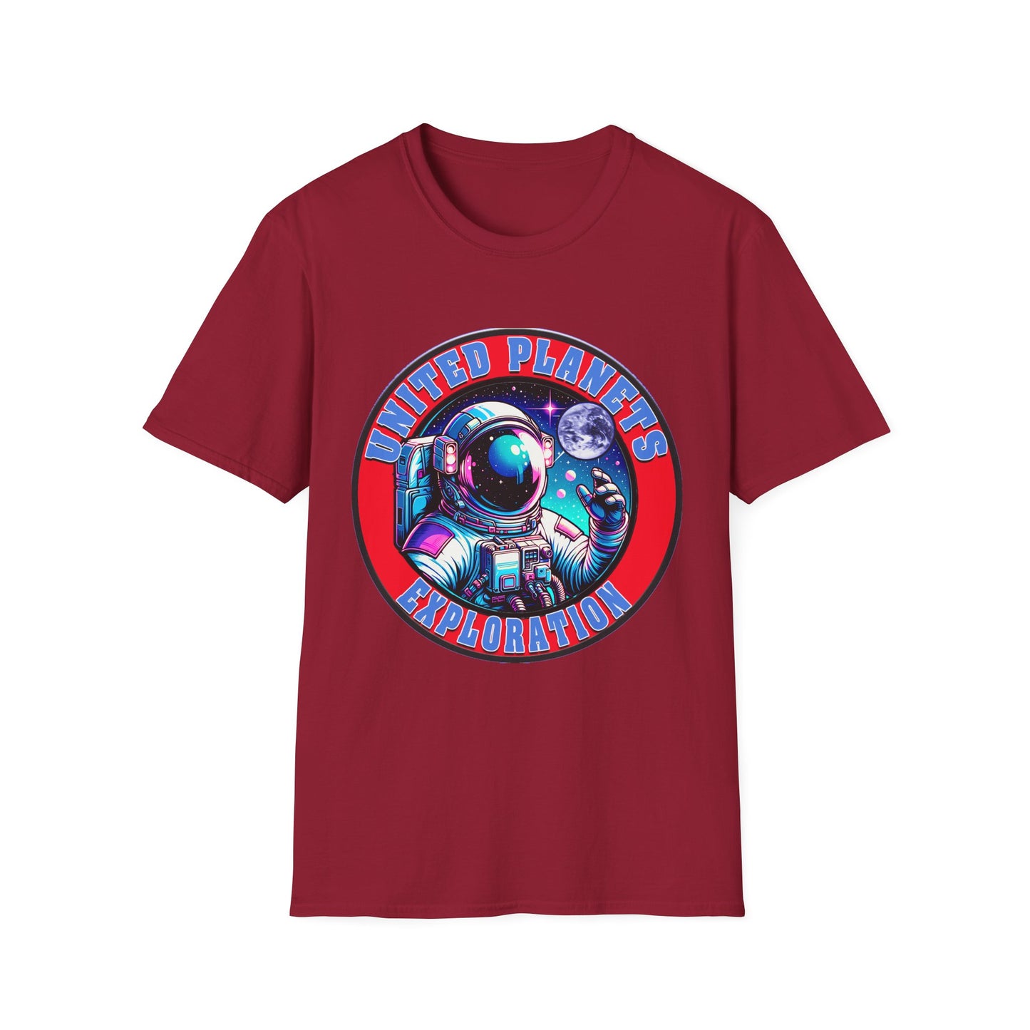 United Planets Exploration Astronaut T-Shirt, Science Themed Tee, Outer Space Shirt for Gift, Birthday, Unisex Softstyle Apparel