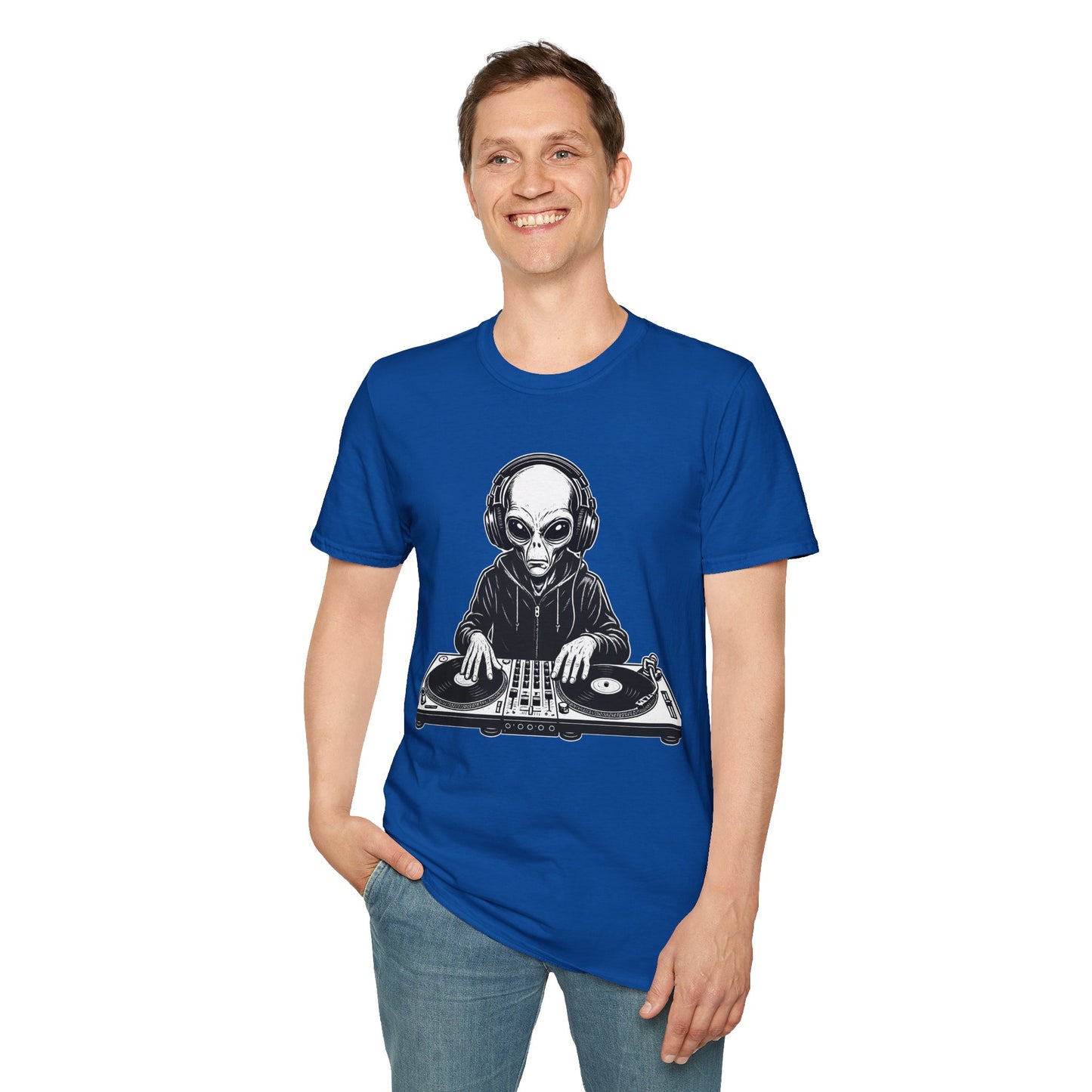 DJ Alien Graphic T-Shirt | Unisex Softstyle Tee for Music Lovers, Gifts for DJs, Cool Casual Wear, Festival Apparel, Unique Alien Design