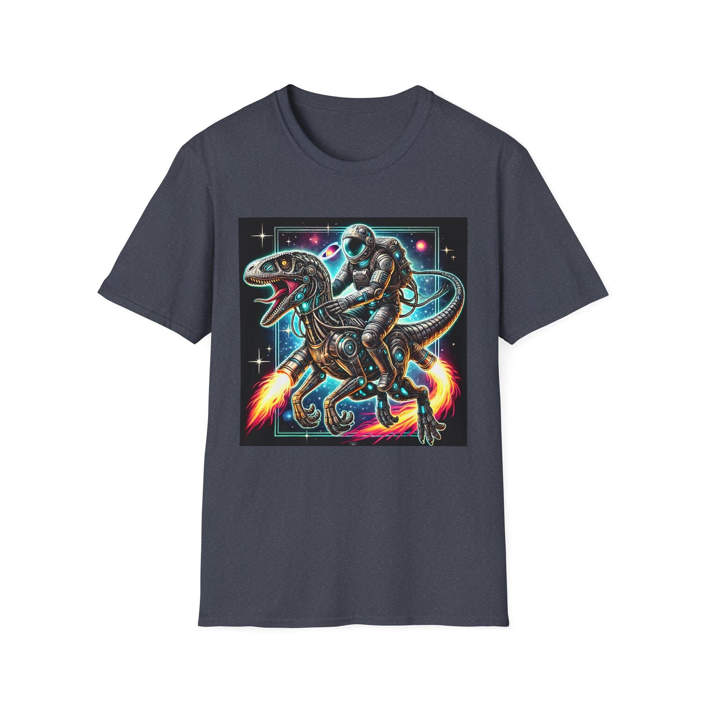 Cosmic Dinosaur Rider Softstyle T-Shirt | Fun Graphic Tee, Unique Gift, Space Lover Shirt, Sci-Fi Enthusiast Apparel