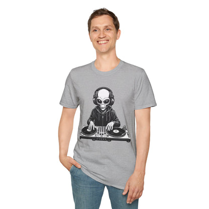 DJ Alien Graphic T-Shirt | Unisex Softstyle Tee for Music Lovers, Gifts for DJs, Cool Casual Wear, Festival Apparel, Unique Alien Design