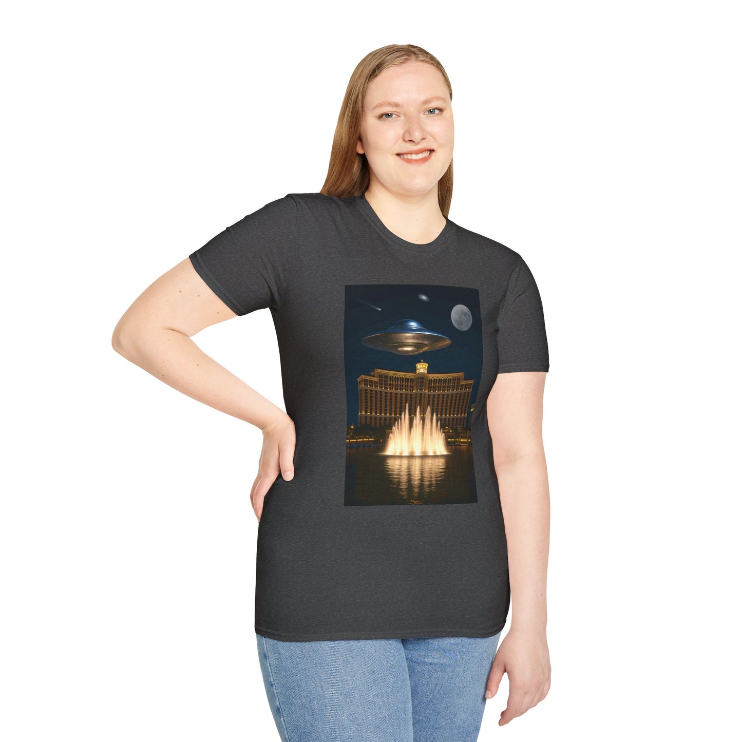 UFO over Las Vegas, Cosmic Vibes Unisex T-Shirt - UFO & Moon Design, Relaxed Fit Tee for Space Lovers, Gift for Sci-Fi Fans, Casual Wear, Everyday Essentials, t-shirt, tshirt, png