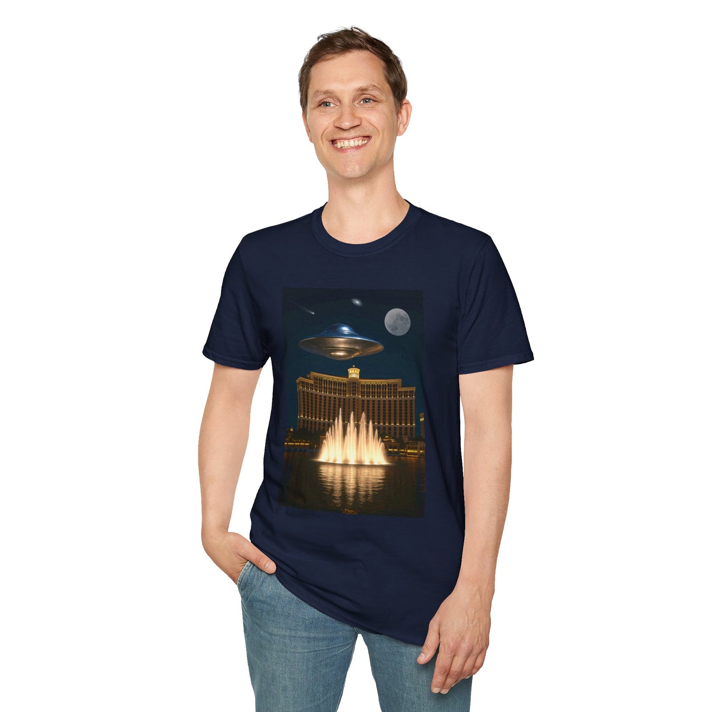 UFO over Las Vegas, Cosmic Vibes Unisex T-Shirt - UFO & Moon Design, Relaxed Fit Tee for Space Lovers, Gift for Sci-Fi Fans, Casual Wear, Everyday Essentials, t-shirt, tshirt, png