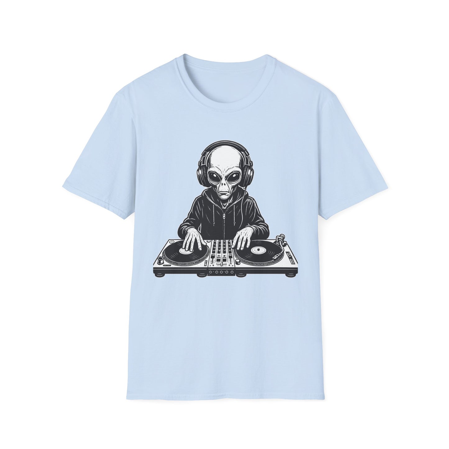 DJ Alien Graphic T-Shirt | Unisex Softstyle Tee for Music Lovers, Gifts for DJs, Cool Casual Wear, Festival Apparel, Unique Alien Design