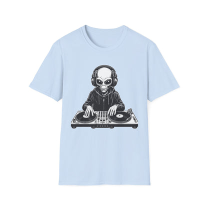 DJ Alien Graphic T-Shirt | Unisex Softstyle Tee for Music Lovers, Gifts for DJs, Cool Casual Wear, Festival Apparel, Unique Alien Design