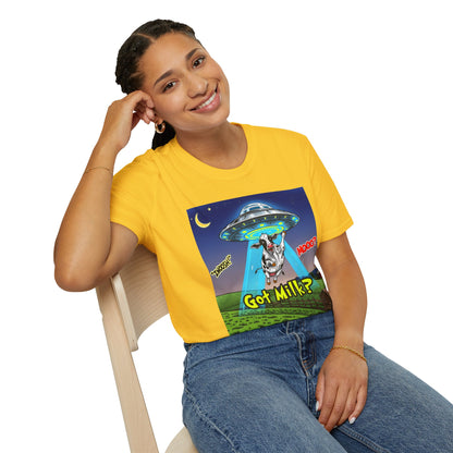 Got Milk? Funny Unisex Softstyle T-Shirt, Humorous Tee, Perfect for Cow Lovers, Milking Day, Farm-themed Gifts, Quirky Apparel, graphic